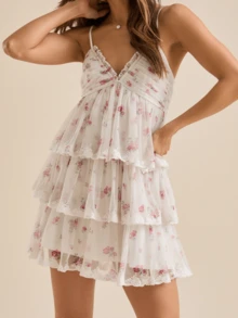 Women's Y2k Summer Floral Mini Dress Spaghetti Strap Stylish A Line Dress Mesh Layered Ruffles V Neck Dress Sleeveless Beach Vacation Sundress - 白色 - 查看 1