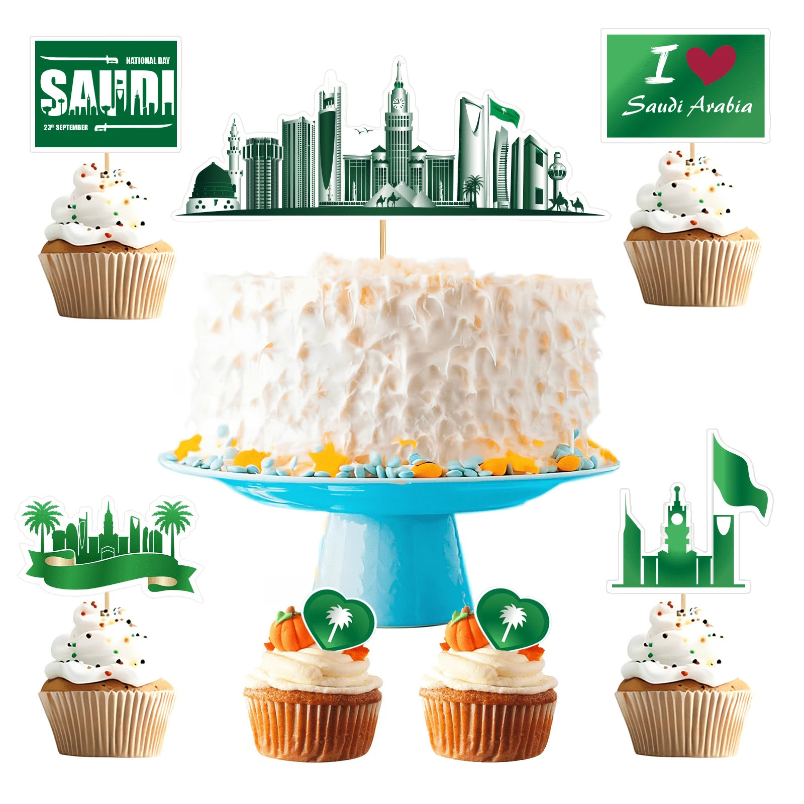 1套沙特阿拉伯国庆节蛋糕装饰，纸杯蛋糕装饰，完美的沙特阿拉伯国庆节派对蛋糕装饰，绿色沙特阿拉伯国庆节沙特阿拉伯