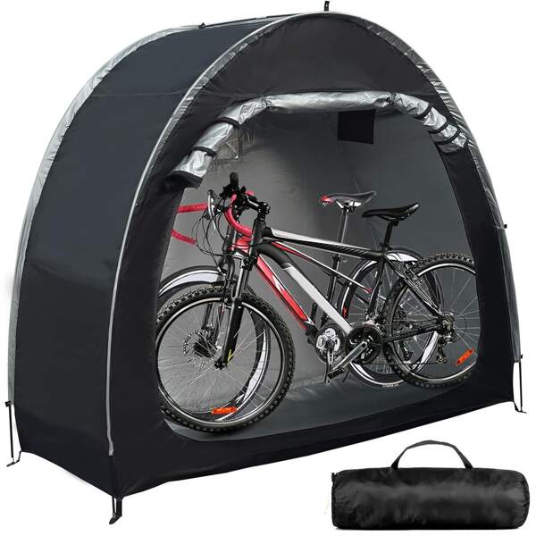 Fahrradzelt Fahrradschuppen Tragbare Fahrradgarage Fahrradabdeckung Outdoor für 2 Fahrräder 210D Oxford wasserdichte Fahrradplane Gerätehaus für Motorrad Gartengeräte Spielzeug Rasenmäher (Schwarz, 200*80*165CM)