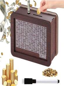 Set de 2 piezas: 1 bolígrafo marcador y 1 alcancía de madera con contador numerado, en tono marrón claro, caja de monedas decorativa de escritorio, artículo esencial para volver al colegio, caja de ahorro de madera para efectivo, nueva caja de ahorro de madera 2025, decoración del hogar, adornos y accesorios de decoración del hogar, caja de ahorro de efectivo, hucha con contador, caja de dinero de madera con ranura para monedas y números, mejor regalo para Halloween, decoración navideña, color y estilo aleatorios