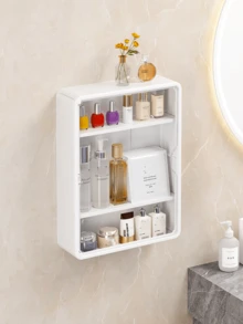 1 件免钻壁挂式化妆品收纳架，带可拆卸搁板的多功能化妆品收纳盒，透明浴室配件，也适用于盲盒、玩具和药品收纳，节省空间的展示盒 - 白色-升級款 - 查看 4