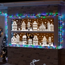 10 hojas de pegatinas de castillo de nieve navideño para ventanas, calcomanías navideñas de PVC para ventanas de cristal, sin batería requerida, decoraciones navideñas de invierno, decoración navideña, decoraciones navideñas, decoración navideña