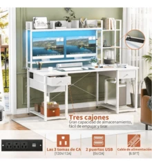 Escritorio gamer, escritorio para computadora con soporte para monitor, mesa para juegos con luces LED, mesa para PC con cajón y estantes de almacenamiento para dormitorio y sala de estar - Blanco - Ver 3