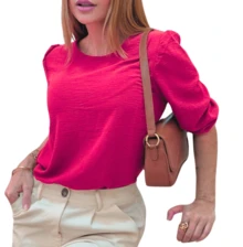 Women's 3/4 Princess Sleeve Blouse, Simple, Knitted Polyester - Watermelon Pink - View 1