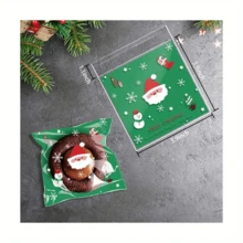 100 个圣诞饼干/糖果礼品袋，透明自粘节日派对包装，带有圣诞老人和雪花图案，适用于饼干、糖果、礼品包装和装饰，带有节日主题插图，方便的密封设计，非常适合圣诞节