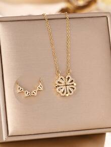 1pc Premium Stainless Steel Necklace, Four Leaf Clover & Heart Locket Design, Versatile Wear, Unique & , Suitable As Gift For Friends - Silver - View 9