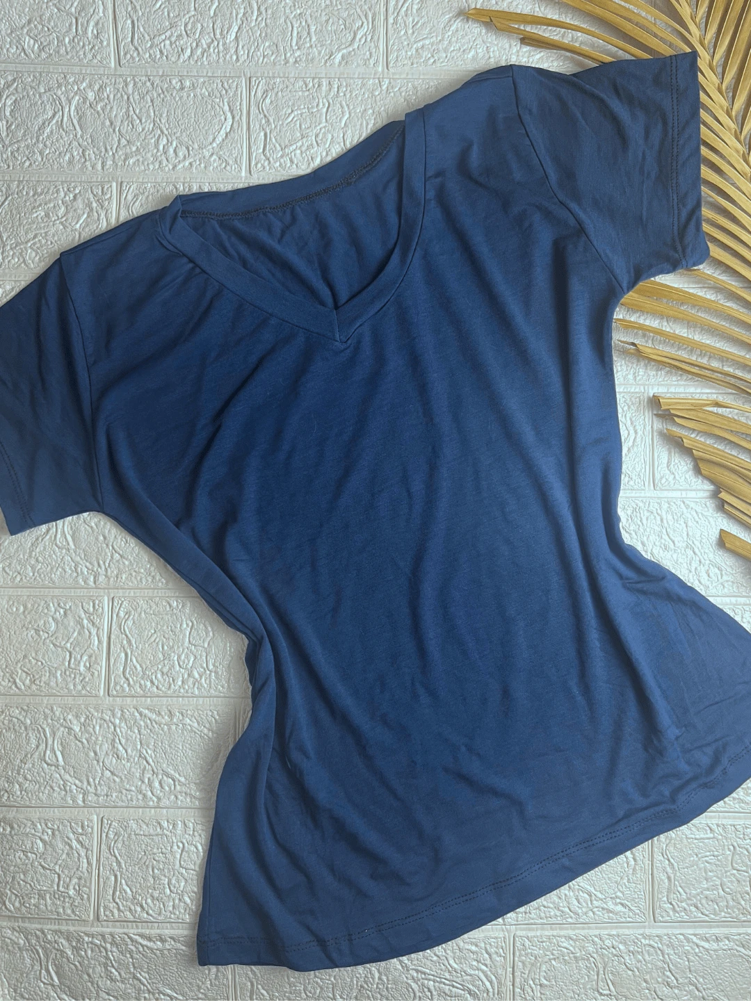 Women's V-Neck T-Shirt Plain Knit Various Colors - 藏蓝色 - 查看 1