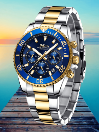 BIDEN Men's Watches, Men's Business Watches, Men's Sports Chronometers, Calendar Night Light Quartz Watches, Stainless Steel Strap Waterproof Clock Men's Watch, Free Chain Link Remover+Box