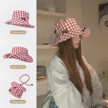 1PC Bucket Hats For Woman Checkered Bow Beach Sun Hat Suitable For Women Outdoor Protective Foldable - Multicolor - View 14
