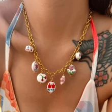 VKHK 1 pieza Collar con colgante de cerámica chapado en oro de 18K estilo chino vintage de acero inoxidable, adecuado para uso diario de mujeres y como regalo