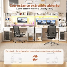 Escritorio gamer, escritorio para computadora con soporte para monitor, mesa para juegos con luces LED, mesa para PC con cajón y estantes de almacenamiento para dormitorio y sala de estar - Blanco - Ver 4