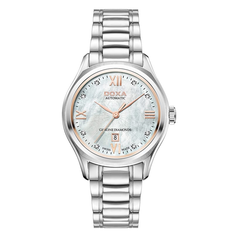 DOXA 女士自动手表 - 不锈钢表壳，白色珍珠贝母钻石表盘（型号 D219SMW） - 豪华商务腕表