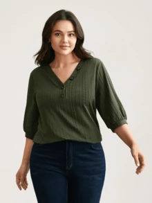 Damen Große Größen T-Shirt mit V-Ausschnitt, Lässig Alltags-Shirt mit Blume Muster und Knopfdesign