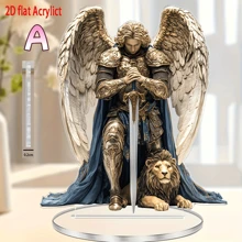 2D Acrylic St. Michael The Archangel Desktop Decor - Elegant Religious Decoration With Golden Armor & Blue Robe Lion Symbol, For Home, Office, Outdoor Art Display - Thoughtful Gift For Friends