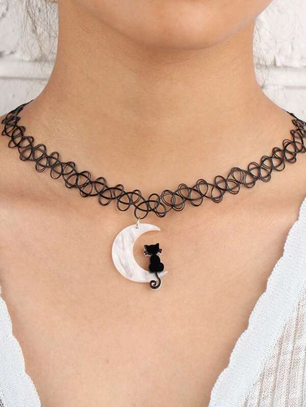 1 pièce Collier ras du cou style gothique avec chat noir pour femme
