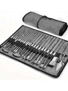 1 طقم 24 فرشاة طلاء من النايلون في كيس قماش رمادي، متعددة الاستخدامات للألوان المائية والأكريليك والزيتية، لوازم مدرسية، عودة للمدرسة - رمادي - مشاهدة 1