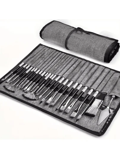 1 Set 24pcs Nylon Paint Brushes In Gray Cloth Bag, Multi-Function For Watercolor Acrylic Oil Painting School Supplies, Back To School