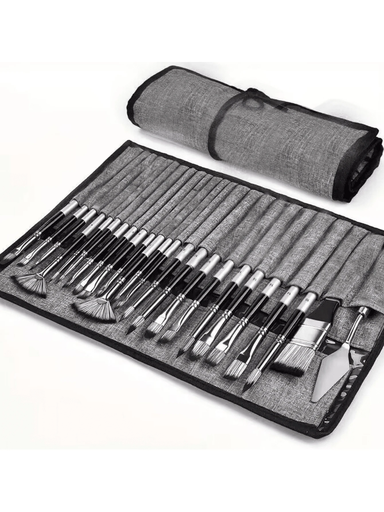 1 طقم 24 فرشاة طلاء من النايلون في كيس قماش رمادي، متعددة الاستخدامات للألوان المائية والأكريليك والزيتية، لوازم مدرسية، عودة للمدرسة - رمادي - مشاهدة 1