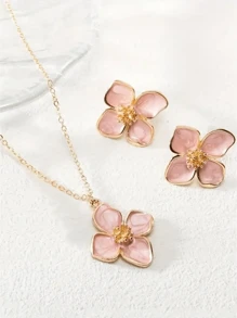 1 Necklace, 1 Pair Earrings, 4-Petal Enamel Flower Pendant, Neurotransmitter Design, Cute & Fashionable Women Jewelry Set, Suitable For Daily Wear, Vacation, Party And Gifts