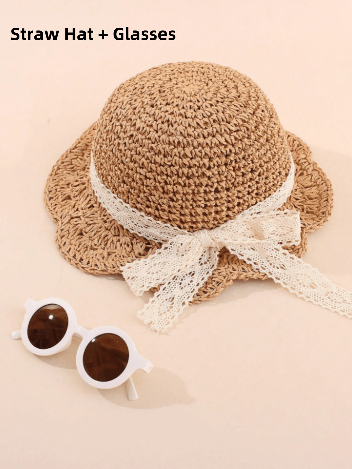 1 件男女通用儿童太阳帽，带蕾丝帽檐的草帽，夏季防晒帽 - 草帽+眼鏡 - 查看 1