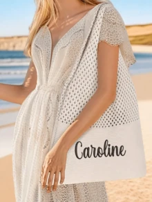 Custom Crochet Mesh Beach Tote Bag, Custom Text Tote Knit Summer Vacation Aesthetic Boho Tote Bag -- Embroidery - Personalized Gift