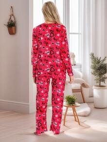 Pijama para mujer, conjunto casual y comodo, mangas largas, pantalón largo, diseño sencillo, ropa de hogar,Con un patrón lindo-Es el regalo ideal - Corazón rojo de amor - Ver 3