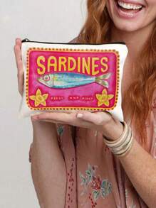 Retro Sardines Cosmetic Pouch,Olive Oil And Lemon Design, Unisex Adult Polyester Mini Makeup Bag, Hypoallergenic Zippered Toiletry Case, Pink Zippered Cosmetic Bag, Multifunctional Snack, Stationery Or Gift, Tin Fish Print Accessory Clutch, Cosmetic Pouch For Girls Women, Makeup Bag, Toiletry Bag For Travel, School, And Commuting,Unisex Adult Portable Storage Bag