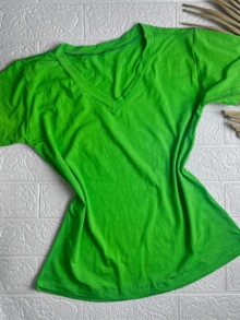 Women's V-Neck T-Shirt Plain Knit Various Colors - 綠色 - 查看 1
