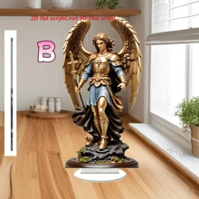2D Acrylic St. Michael The Archangel Desktop Decor - Elegant Religious Decoration With Golden Armor & Blue Robe Lion Symbol, For Home, Office, Outdoor Art Display - Thoughtful Gift For Friends