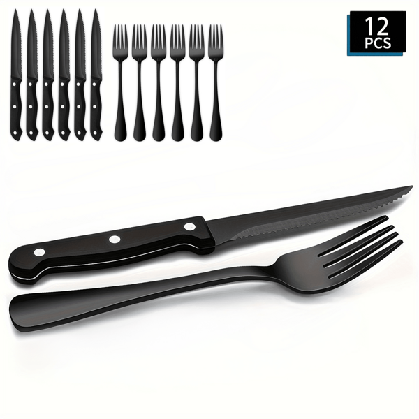 4/12 piezas Juego de cubiertos de acero inoxidable, que contiene 6 cuchillos de filete dentados y 6 tenedores de cena, diseño clásico elegante, duradero, pulido espejo, apto para lavavajillas, adecuado para cortar carne, perfecto para fiestas, bodas, banquetes, campamentos al aire libre