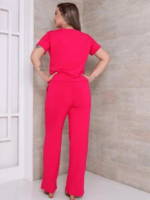Women's Set Of Wide Leg Pants And Comfortable Sweatshirt Top Summer - 粉色 - 查看 4