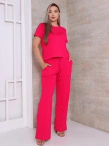Women's Set Of Wide Leg Pants And Comfortable Sweatshirt Top Summer - 粉色 - 查看 2