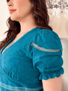 Vestido Festa Lese Bordado com Guipir e Manga Curta Madrinha Casamento - Azul petróleo - Visão 5