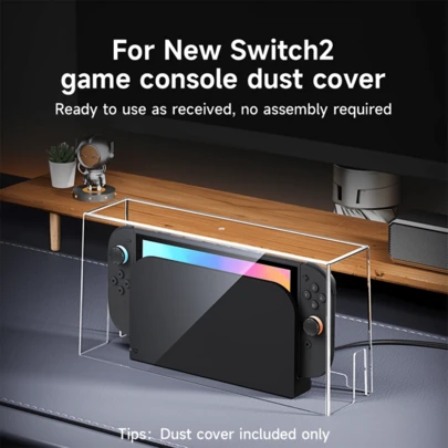 适用于 Switch 2 (2025)/Switch OLED/Switch NS 的透明防尘罩，为主机和底座提供防刮防摔保护。兼容 Switch 第二代底座保护配件。无需安装，可自行 DIY 定制。两侧均设有开口，方便连接充电线，边缘光滑，不会伤手。