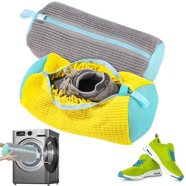 Saco para lavagem de calçados esportivos oval, tecido de poliéster tricotado durável, fecho de zíper, adequado para todos os calçados, evita deformações e desbotamento, compatível com máquinas de lavar e secar, sacos para roupa suja, adequado para calçados esportivos e tênis, kit de limpeza antimanchas (cinza, amarelo)
