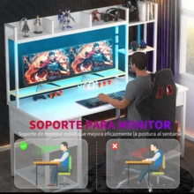 Escritorio gamer, escritorio para computadora con soporte para monitor, mesa para juegos con luces LED, mesa para PC con cajón y estantes de almacenamiento para dormitorio y sala de estar - Blanco - Ver 7