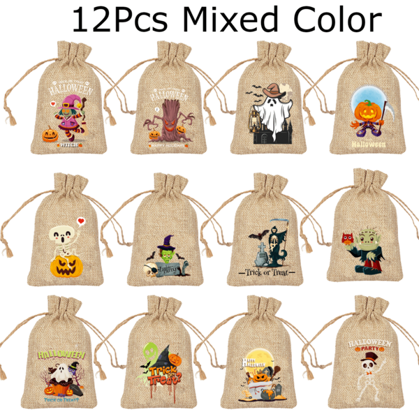 Set de 12 bolsas de regalo de lino con cordón, de 3.74"X5.7", con patrones navideños, bolsa de almacenamiento pequeña adecuada para Halloween y Día de los Muertos