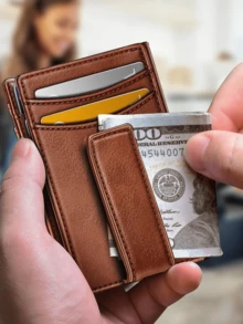 男士超薄钱包，磁扣简约钱夹，PU 皮革前袋卡夹钱包，可容纳 12 张卡和现金，简约设计，是送给他的理想礼物 - 彩色 - 查看 5