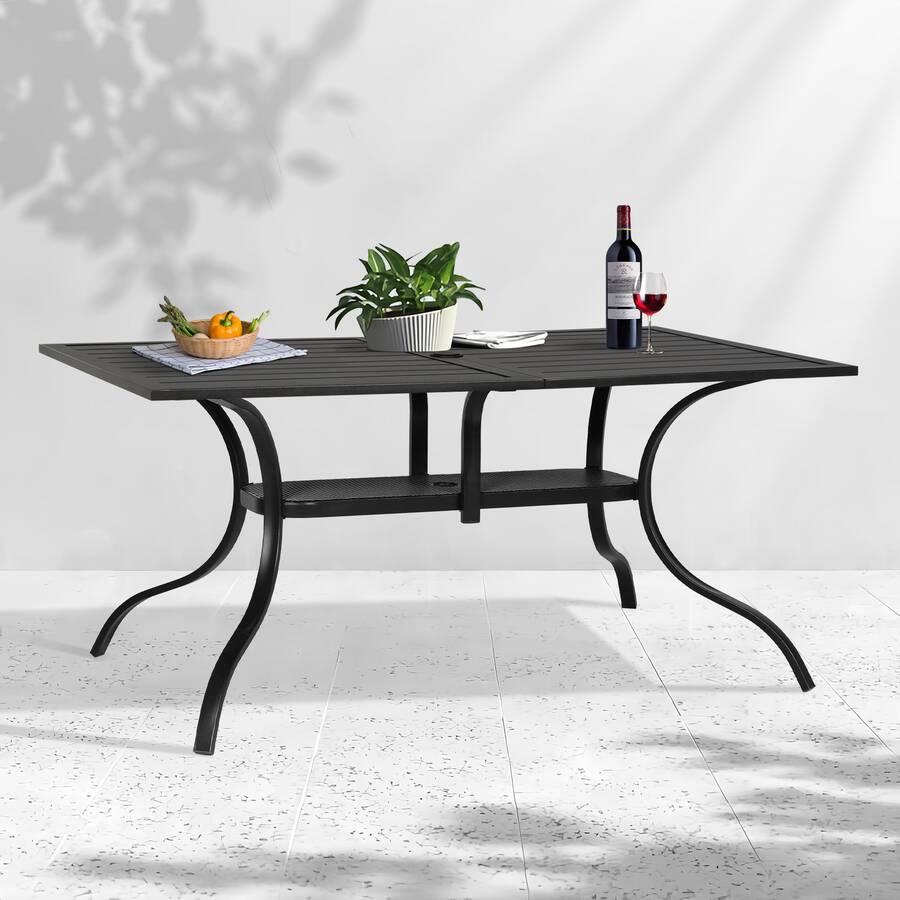 Outdoor Patio 2 Tiers Black Iron Steel Slatted Dining Table With Umbrella Hole For 6 Person - 60" X 37" - 黑色 - 查看 1