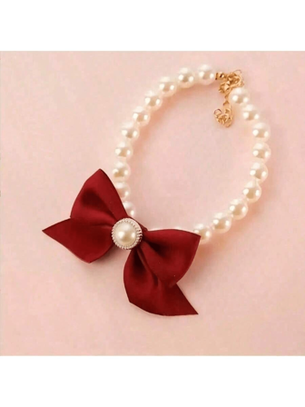1pc Pet Cat Faux Pearl Necklace, Cute Faux Pearl Bow Tie Collar, Suitable For Dogs And Cats, Pet Christmas Decorative Necklace
