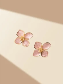 1 Necklace, 1 Pair Earrings, 4-Petal Enamel Flower Pendant, Neurotransmitter Design, Cute & Fashionable Women Jewelry Set, Suitable For Daily Wear, Vacation, Party And Gifts
