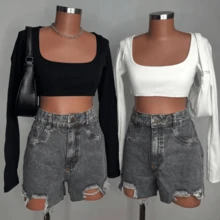 Basic Long Sleeve Blogger Crop Top - 黑色 - 查看 1