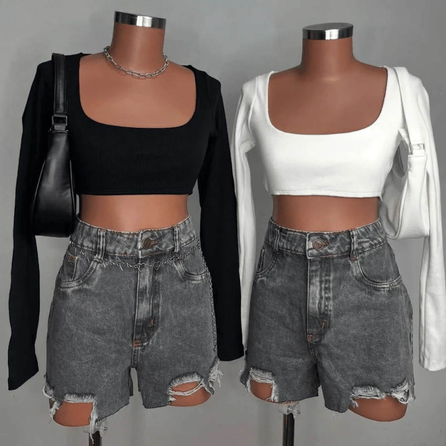 Basic Long Sleeve Blogger Crop Top - 黑色 - 查看 1