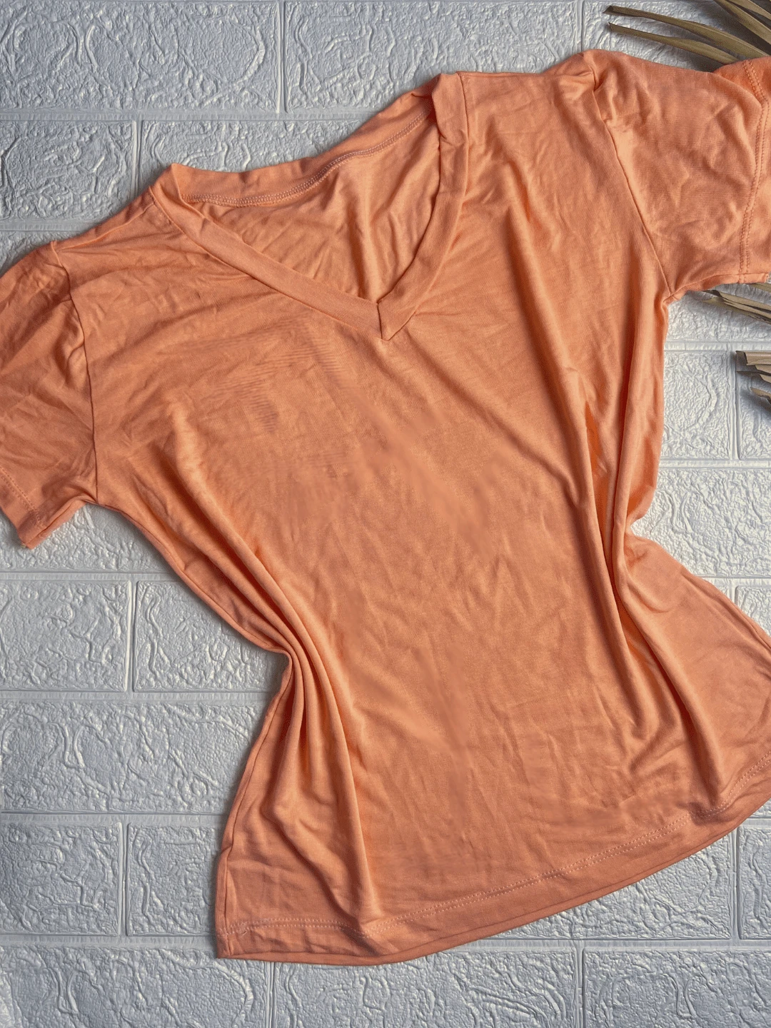 Women's V-Neck T-Shirt Plain Knit Various Colors - 橘色 - 查看 1