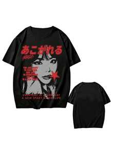 Women's Y2K Graphic Print Round Neck T-Shirt - Black Casual Short Sleeve Top With Bold Red Japanese Text & Star Design, All-Season Comfort Fit, Ladies T Shirts, Versatile Clothing, Durable Tee - màu đen - Xem 6