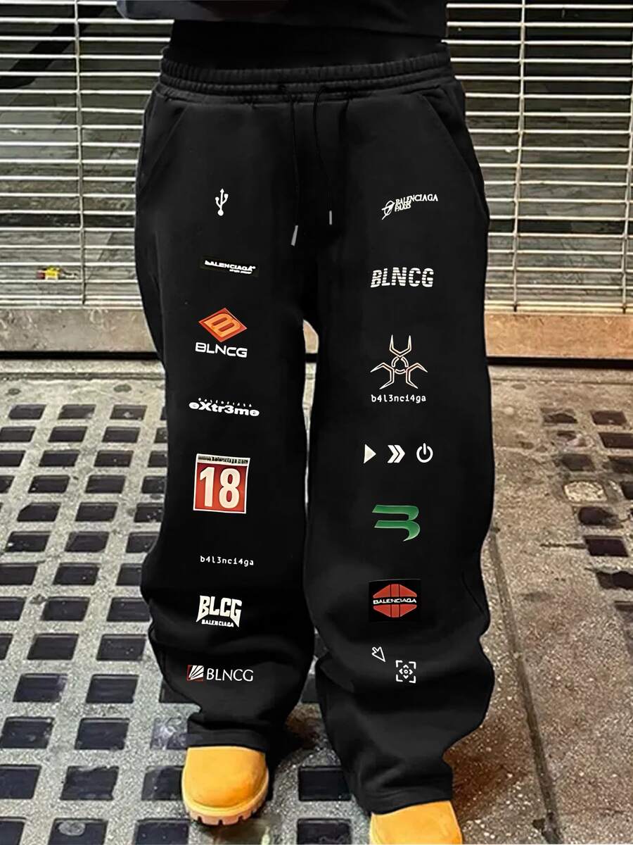 Quần dài ống đứng in biểu tượng phong cách đường phố, dáng rộng, Unisex, trang phục đường phố thường ngày, quần thể thao chạy bộ thoải mái - màu đen - Xem 1
