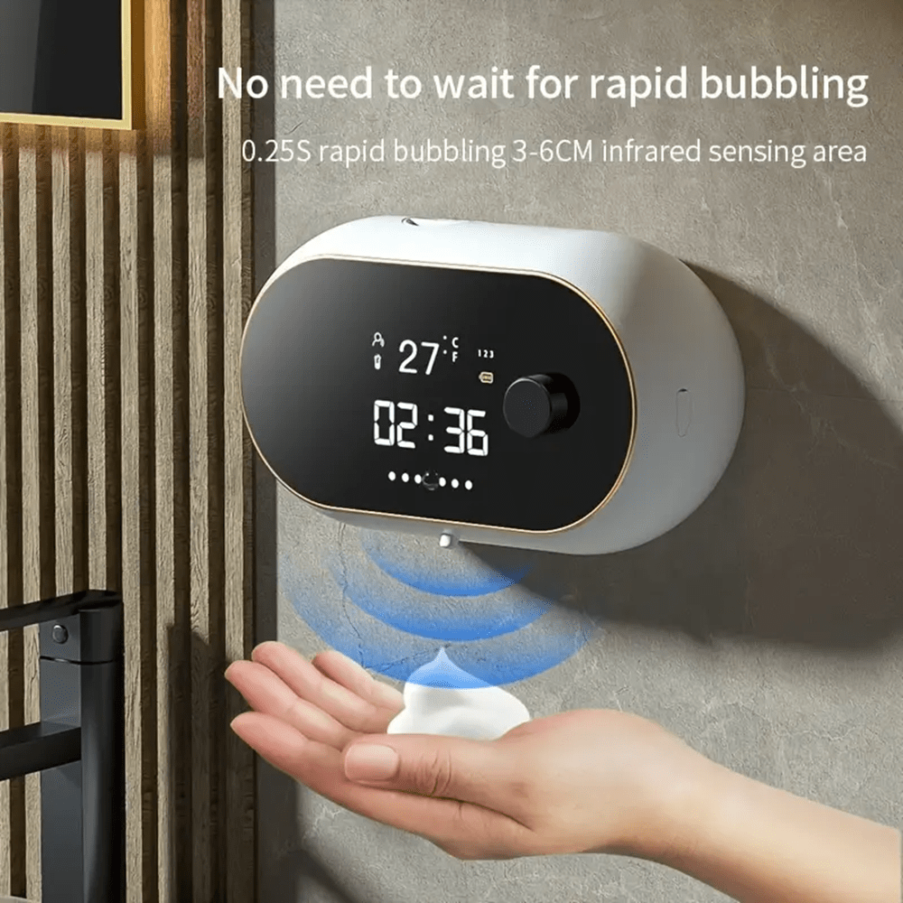 1 pieza Dispensador de jabón espumoso automático inteligente - Montaje en pared USB, espuma ajustable, dispensador de jabón automático de gran capacidad, dispensador de jabón con sensor recargable sin contacto con pantalla LED, dispensador de jabón automático eléctrico inteligente para el baño y la cocina