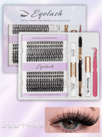 DIY 睫毛延长套装 单根睫毛 D 卷曲，睫毛簇，含睫毛粘合剂，睫毛卸除和密封，以及睫毛涂抹刷工具，适合在家自行涂抹（30D-40D）睫毛簇套装、睫毛、睫毛、假睫毛