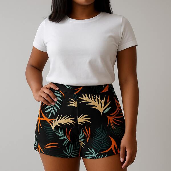 Shorts Simples  Floral Preto  Tecido de malha