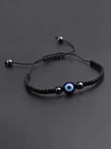 1pc Adjustable Evil Eye Bracelet, Beaded Woven Bracelet Suitable For Couples And Friends - Blue Eyes - View 2